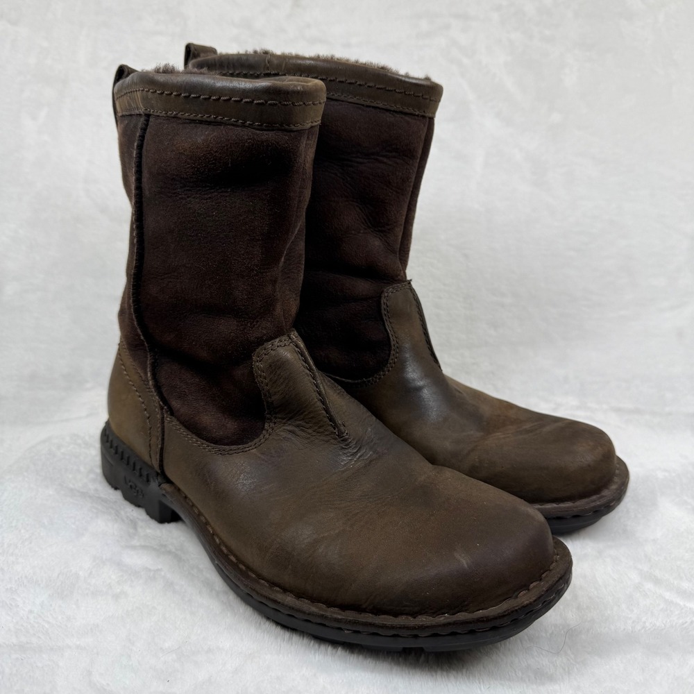UGG Australia Mens Brown Leather Suede Shearling Lined Mid Calf Lug Sole Boots 9